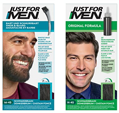 Just For Men Teinture Barbe Châtain Foncé M45 & Gel Colorant Cheveux Homme Châtain Foncé H45, Couvre Les Cheveux Blancs, Pour Un Résultat Naturel