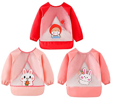 Chilsuessy Ärmel-Lätzchen 3 Pack Baby Kleinkind Lätzchen Wasserdicht Nässeschutz Baby Lätzchen mit Ärmeln Langarm Lätzchen Schürze Bibs zum Essen Malen Spielen, D/Set, 3-4 Jahre
