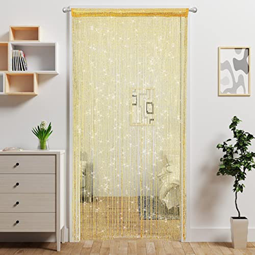 4 Stück Tür-Fadenvorhang, Tür-Perlenvorhänge, hängende Raumteiler, Perlendekor, Hippie-Glitzer-Fransenpaneel, Schrank, Fenster, Wand, Hintergrund, Türen, Pailletten, Quaste (Gold, 100 × 2000 cm)