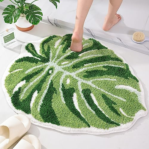 Panstar Large Monstera Leaf Bath Mat, Non Slip Green Plant Bathroom Rug, Absorbent Cute Palm Shaped Bathtub Rug Bathroom Plush Shower Rugs (32X26)
