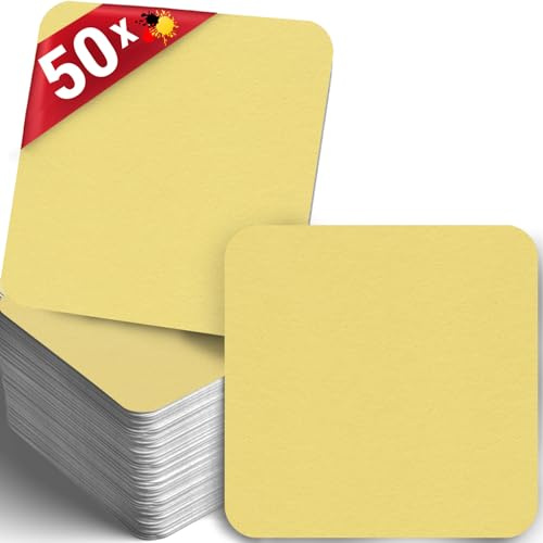 Funke & Brand Gelber Bierdeckel eckig - DIY Untersetzer eckig 50 Stück - naturbelassene gelbe Glasunterlage aus Holzschliffpappe - Coaster Getränkeuntersetzer Tischuntersetzer - Quadratisch Barzubehör