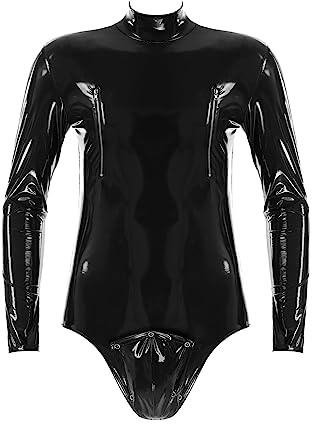 Freebily Herren Wetlook Body Latex Lack Bodysuit Overall Männer Party Clubwear Lederoptik Shirt Leotard Dessous Top Schwarz J XL