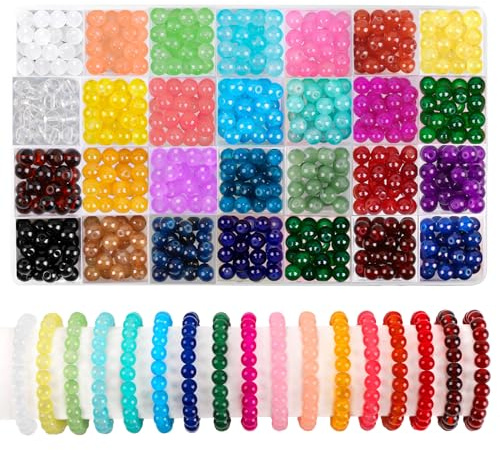 JOLCEEY 560pcs Round Glass Beads Bracelet Making Kit, 28 Colors 8mm Imitative Jade Crystal Gemstone Beads for Jewelry Making Bracelet Necklace Phone Lanyard DIY Crafts