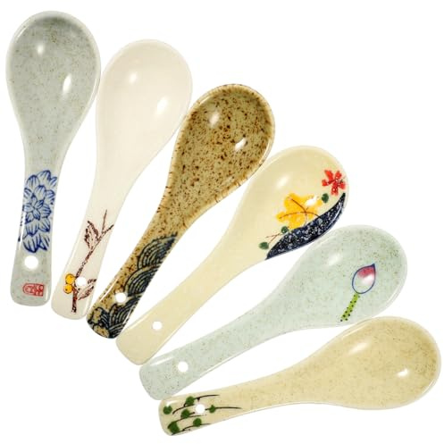BESTonZON 6pièces Lot De Cuillères À Soupe Japonaises Céramique Cuillères À Soupe Courtes Décoratives Pour Ramen Pho Et Miso Style Asiatique De Céramique, Styles Aléatoires