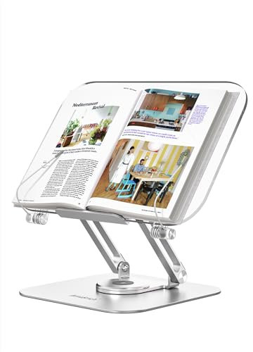 Amasrich Buchständer aus Acryl zum Lesen, verbesserter verstellbarer Halter mit 360° drehbarer Basis und Seitenclips, faltbarer Schreibtisch-Ricer zum Präsentieren von Kochbuch, Laptop, Rezept,