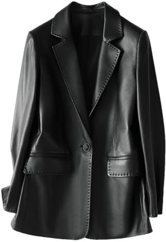 Leder Blazer Jacken Für Frauen Büro Damen Gekerbt Revers Schaffell Jacke Mäntel, Schwarz , 52