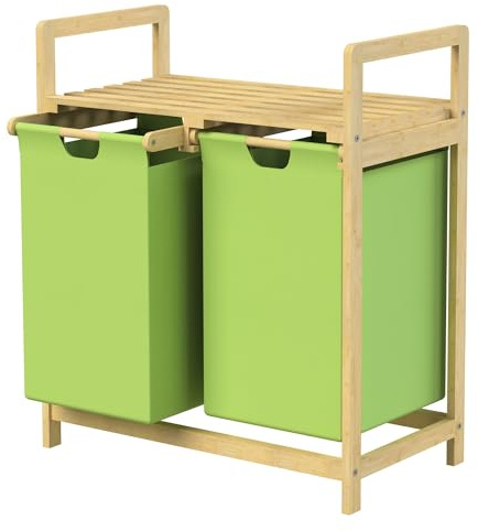 ML-Design Panier à Linge en Bambou, Collecteur de Linge avec 2 Sacs 30 L en Tissu Oxford, Amovibles et Coulissants, Coffre de Rangement avec Étagère pour Salle de Bain, Chambre et Buanderie en Vert