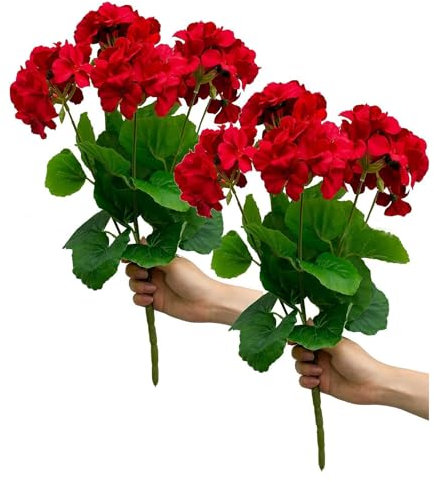 2 Pezzi di Gerani Artificiali Rami Cespugli di Fiori di Seta con 5 Teste di Fiori Bouquet Floreale di Seta Finta da 14,2 Pollici per la Decorazione di Interni Ed Esterni del Giardino di Casa(Rosso)