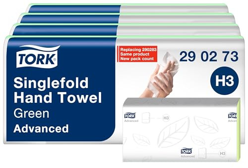 Tork Toallas de Mano Plegables Verde H3, Toallas Plegadas Avanzadas para Dispensador Plegable, Absorbentes, Resistentes al Rasgado, 2-Ply, 5 x 250 Hojas, 290273