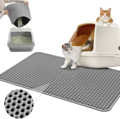 Katzenklo Matte 60x40CM, Katzenstreu Matte Wasserdichte Doppelte Schichte, Katzenmatte Katzenklo Unterleger Waben, Matte Katzentoilette für Litter Catcher, Cat Litter Mat Grau, Katzentoilette Matte