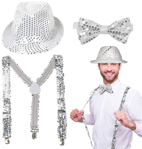 EUPSIIU 3 Pièces Chapeau de Danse Jazz Déguisement, Paillette Accessoire Disco Performance Chapeau Bretelles à Paillettes Noeud Papillon, JGA Fête à Thème,Spectacles de Jazz (Argent)