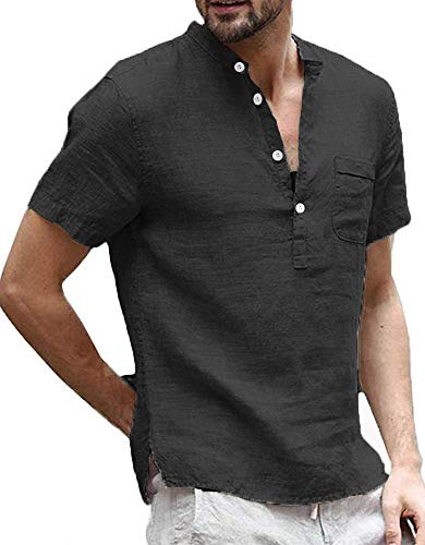 Runcati Herren Leinenhemd Henley Shirt Kurzarm, Schwarz, L