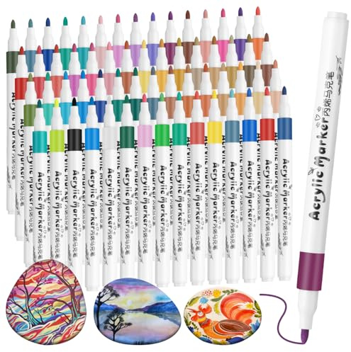 JIANTA Marqueur Acrylique 60 Couleurs Stylos De Peinture Acrylique Pointe Fine Pinceau pour Peinture sur Roche, Verre, Pierre, Bois, Céramique - avec Paquet Cadeau