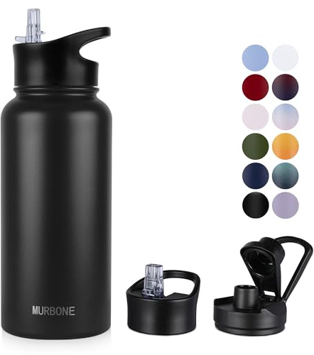 MURBONE Edelstahl Trinkflasche 1L, (+2 Deckel)-mit Strohhalm,BPA frei,Thermosflasche Auslaufsicher,Kohlensäure Geeignet,Thermoskanne Vakuum Doppelwandisolierung für Sport, Reisen, Camping