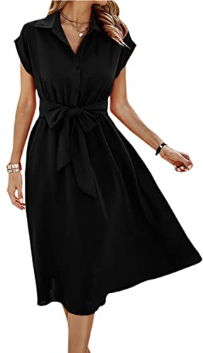 ASOMI Sommerkleid Damen Hemdkleid Kurzarm: Elegant Kurzarm Strandkleid Büro Wickelkleid Mode Tasche Hemdblusenkleid Lässig Blusenkleid Midikleid Knopf Plisseekleid V-Ausschnitt Gürtel A-Schwarz L