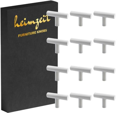 heimzeit Schrankknöpfe Bar für Türen, Schubladen und Kommoden aus hochwertigem Edelstahl [12 Stück, T-förmig] Farbe: Weiß, Stilvolles Design, Möbelknöpfe mit Einlochgriff und Schrauben