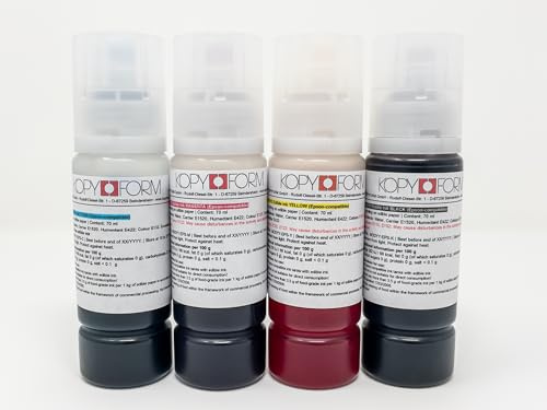 Kopyform Lebensmitteltinte für EPSON Drucker 4x70ml Set (Schwarz, Gelb, Magenta, Cyan), CISS-Systeme und EcoTank-Drucker der Marke EPSON; mit Adapter für eine leichte Befüllung (KOLE070)