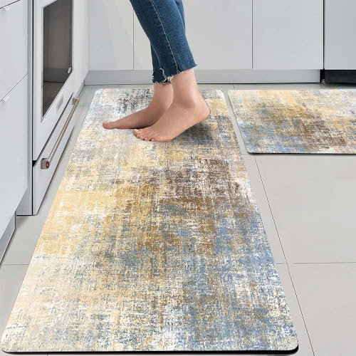TOMWISH Küchenteppich-Set, rutschfest, waschbar, bequem, Stehmatte für Küche, Boden, Büro, Waschbecken, Wäsche, 44 x 73 cm, Grau und Beige, 2-teilig