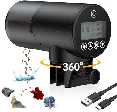 Pawfly Alimentador automático de Peces 200 ml para Acuario USB Recargable Accesorios para Peces Alimentador automático de Comida para peceras Ajustable Dispensador de Comida para Tiras de gránulos