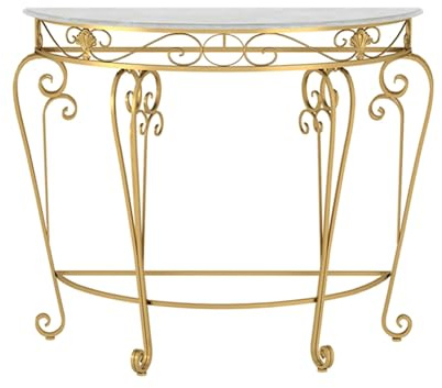 Yclty Table Console Demi-Lune avec Pieds en Métal À Volutes, Table D'entrée avec Plateau en Faux Marbre, Table D'appoint en Demi-Cercle pour Salon, Couloir, Entrée, Petits Espaces(Gold,60x30x70cm)