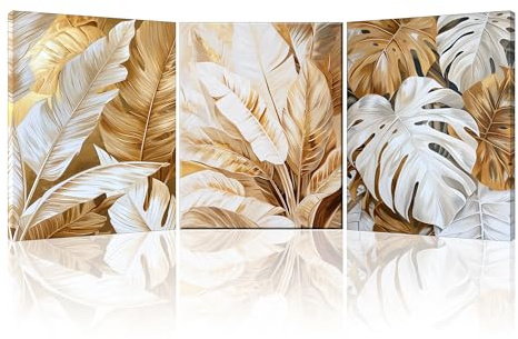 PIY PAINTING Stampa Su Tela, Bianco e Oro Su Tela, Quadro Su Tela Con Foglie d'Oro, Splendido Quadro Su Tela, Poster Moderno Per Camera Da Letto Soggiorno Ufficio Bagno, 40x30 cm 3 Pezzi/90x40 cm