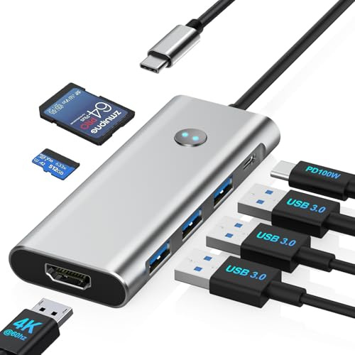 USB C Hub 7 in 1, USB C HUB Multiport Adapter with 4K@60 HDMI, 3 USB 3.0, SD/TF, PD 100W for MacBook Air/Pro, Pad, Hp, Huawei MateBook, Dell, Surface Book Etc