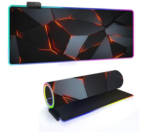 Mateju 3D Geometrie RGB Mousepad, rutschfeste Gummibasis Mauspad, Mousepad XXL/XL/l 14 Beleuchtungs Modi und 7 LED Farben, Gaming Mauspad mit Vernähte Kanten (Orange,800x300x4mm)