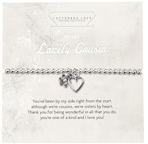 Letterbox Love Lovely Cousin Bracelet | Silver-Plated Heart & Flower Charm Bracelet in Box |Thoughtful Gift for Cousins | Gift for Birthdays or Special Occasions