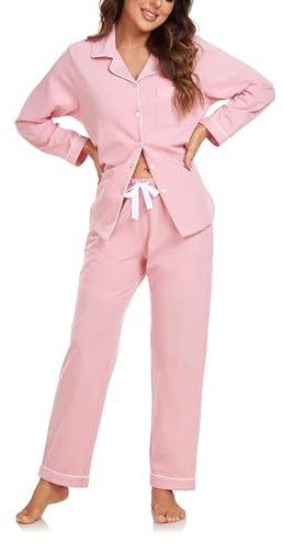 COLORFULLEAF Women's 100% Cotton Pyjama Set Long Sleeve Button Down Ladies Pyjamas Sleepwear Nightwear with Pockets(Pink,M)
