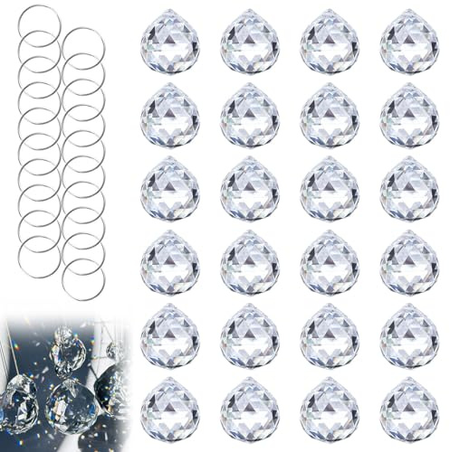 Kristalle zum Aufhängen - 24 Stück 20 * 24 mm Glas Sonnenfänger Kristall, Funkeln Prisma Tropfen mit 24 Metallring für Kronleuchter Anhänger, Fenster, Garten, Hochzeit, Ornament, Handwerk Dekor