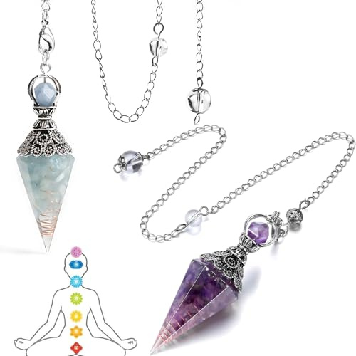 KAIYAYA 2 piles Pendule Amethyst Kristall Edelstein Pendel Kristall Harz Pendel Ornamente mit Kette für Wahrsagen Hexerei Zeremonie Meditation Balancing (Lila+Blau)