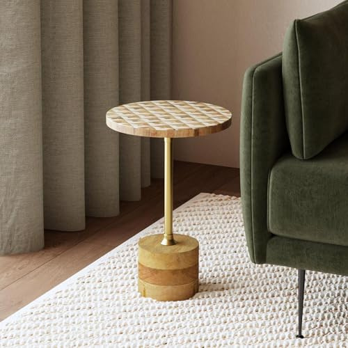 East at Main Mosaic Bone Inlay Side Table – Round Mango Wood Accent Table with Drum Base – Boho Artisan End Table for Bedroom or Living Room – Decorative Bohemian Furniture, Fully Assembled