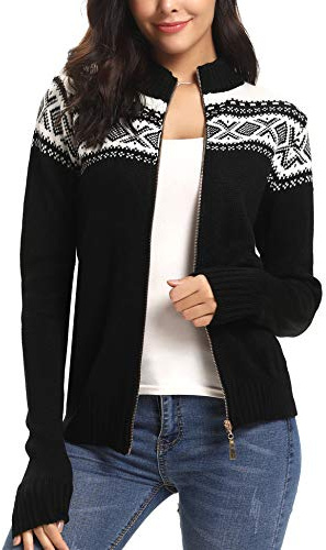 Sykooria Chunky Christmas Women Cardigans Front Full Zip Long Sleeve Snowflake Knit Coats Jacket