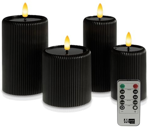 Meisterhome® LED-Kerzen 4er-Set Schwarz - Flammenlos – Stumpenkerzen mit Fernbedienung & Timer – batteriebetrieben – warmweißes Licht – Ø 7,5/10 cm, Höhe 10/15 cm – Riffel-Design – flackernde Flamme