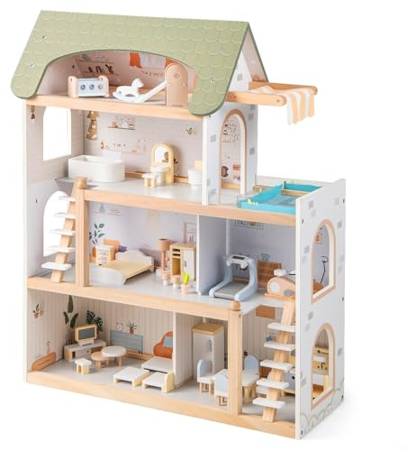 DREAMADE Maison de Poupée en Bois, Maison de Jeu à 4 Étages avec 6 Pièces, Ensemble de Construction DIY pour Enfants de 3+ Ans, 62X25X78 CM