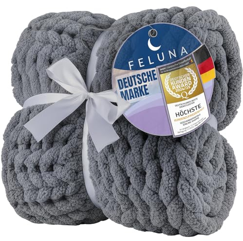 Feluna® Strickdecke Grob - Flauschige Kuscheldecke, Grobstrick | Grobstrickdecke aus weicher Chenille-Faser – kein Kratzen – 2 Größen, 4 Farben – Wohnzimmer & Sofa