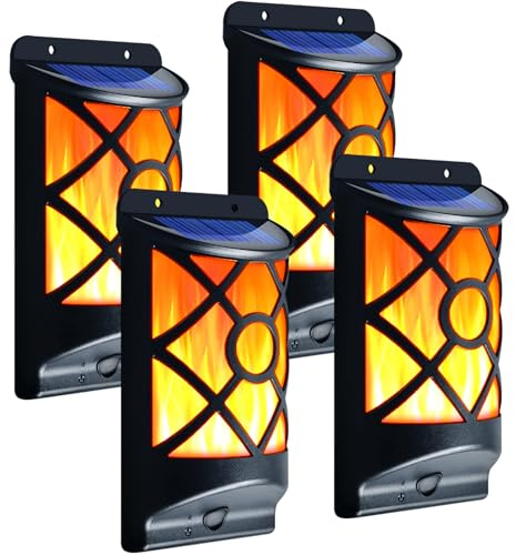 LazyBuddy Solar Flame Lights Outdoor - Waterproof Wall Lanterns with Realistic 3D Flickering Flames, 66 Ultra Bright LED Fire Effect Light - Garden Decor for Patio, Fence, Deck - Auto On/Off (4 Pack)