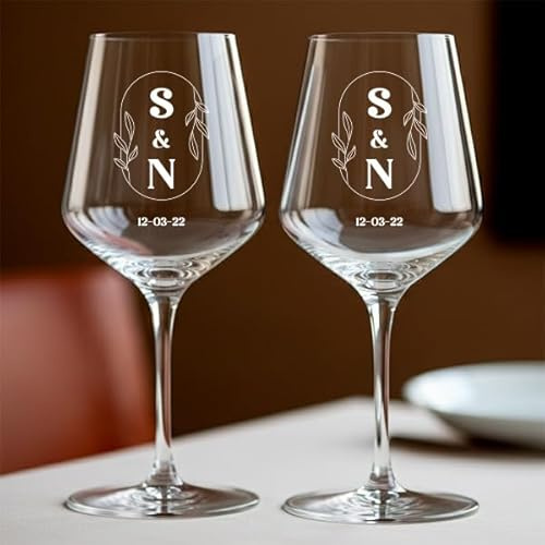 Transparent Gift Pack de 2 Copas con Iniciales y Fecha personalizada. Copas de Cristal Grabadas. Copas para Boda, Novios, Aniversario. Regalo Personalizado para Parejas, San Valentin.