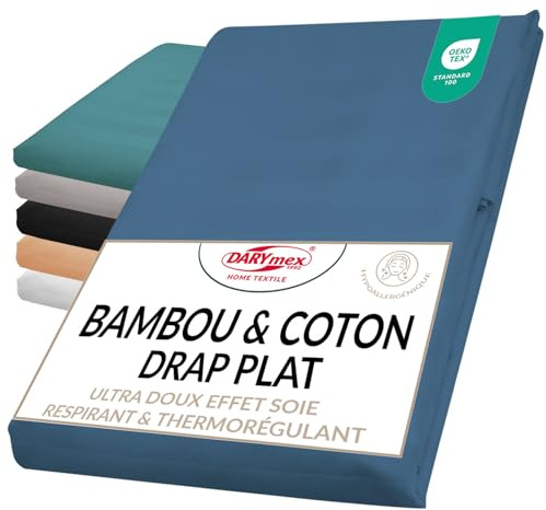 Darymex Drap Plat 220x260 cm, Satin Coton Viscose de Bambou, Rayures, Bleu