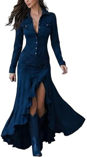 Robe d'été pour femme - Col en V - Manches longues - Manches longues - Robe de danse tango - Tendance et élégante - Style bohème - Avec poches - Grande taille, bleu, L