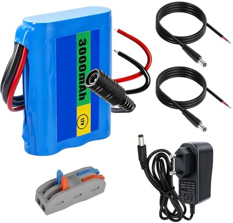 Batterie Lithium-ION 12,6 V 3000 mAh avec Chargeur et 2 Lignes de Connexion pour Panneau Solaire, Radio, appareils Photo, caméscopes, Orgue électronique, Lampe de Lecture DIY, Sonar