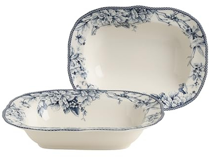 222 Fifth Adelaide Blue Oval Serving Bowls (Set of 2), 28 oz Porcelain Large Serving Bowl, Ceramic White Bowls for Pasta, Salad, Dinner & Entertaining, Luxury Floral Gifts, Microwave & Dishwasher Safe