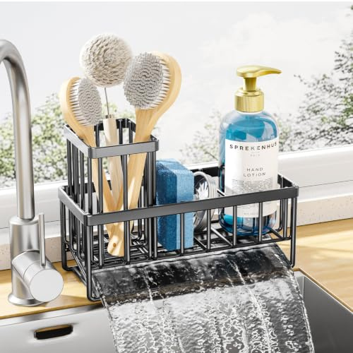 Kitsure Rustproof Kitchen Sink Organiser, Large, Black | tainless Steel Sink Caddy Organization and Storage Essentials with High Brush Holder, Home Decor Accessories,