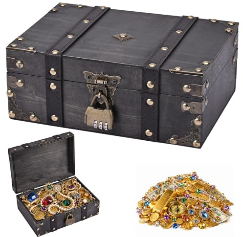 24x17x9,5cm Coffre Trésor Vintage en Bois Coffre Pirate Enfant Boite avec | Cadenas Pirate Boîte à Bijoux Avec Serrure pour Stockage Décoration Tirelire pour Stockage Décoration