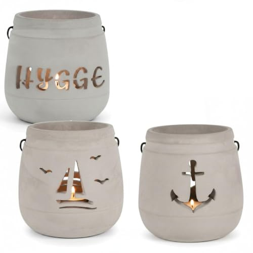 LS-LebenStil Beton Windlicht Anker 13cm Shabby Grau Maritim Teelichthalter | Kerzenständer / Kerzenhalter mit Gravur | Laterne mit Henkel | Tischdeko | Maritime outdoor Deko | Gartenlaterne | Geschenk