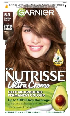 Garnier Nutrisse Ultra Crème Permanent Hair Dye, 5.3 Golden Brown | Up to 100% Grey Coverage, Rich Long-Lasting 8-Week Colour, 5x Stonger, 2x Shiner Hair, No-Ammonia, Vegan Formula