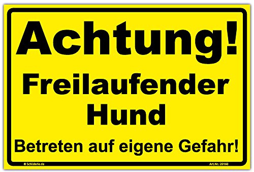 Schild Achtung! Freilaufender Hund Hinweisschild 300x200 mm gelb, stabile Aluminiumverbundplatte 3mm stark - inkl. 4 Eckbohrungen