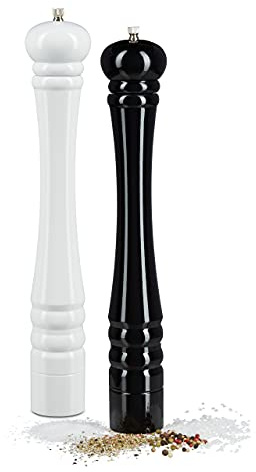 Set 2x Macinapepe in legno, macinino in ceramica 40 cm, manuale, macinasale, design classico, nero/bianco