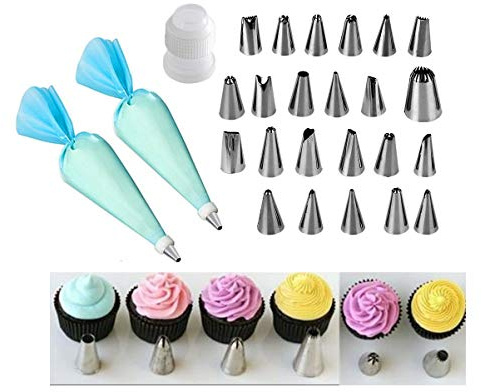 Engångsspritspåse med 23 spritstyllar, set om 26 delar, pip rostfritt stål garneringslock blomspik, spritpåsar för tårtor, cupcakes och kakor