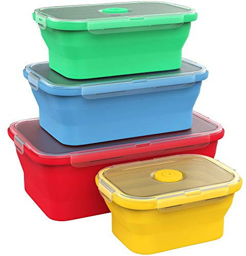 Vremi Silicone Food Storage Containers with BPA Free Airtight Plastic Lids - Set of 4 Small and Large Collapsible Meal Prep Container for Kitchen Lunch Boxes - Microwave and Freezer Safe